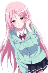 1girl absurdres black_skirt blush bow bowtie breasts closed_mouth collared_shirt cowboy_shot dot_nose drawstring green_hoodie highres hood hood_down hoodie kuroko_no_basuke leaning_forward long_hair long_sleeves looking_at_viewer momoi_satsuki nyako_(x_nyako_x) pink_eyes pink_hair pleated_skirt red_bow red_bowtie shirt simple_background skirt smile solo very_long_hair white_background white_shirt