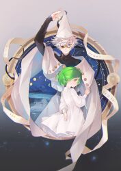 1boy 1girl absurdres blue_eyes child coco_(tongari_boushi_no_atelier) dress er_(user_yhzm5478) from_behind glasses green_eyes green_hair hat highres lake long_sleeves looking_at_viewer pulling_another&#039;s_clothes qifrey_(tongari_boushi_no_atelier) short_hair sigil tongari_boushi_no_atelier white_hair