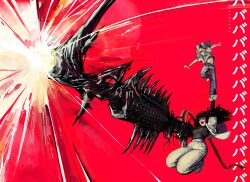 1boy 1girl absurdres ammunition_belt black_shirt blonde_hair blue_pants chainsaw_man denim denji_(chainsaw_man) facial_scar grey_pants grey_shirt gun highres jeans navel open_mouth pants red_background scar scar_on_cheek scar_on_face shirt shirt_tucked_in weapon yoru_(chainsaw_man) zarzaliel