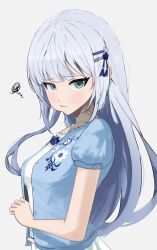 Rule 34 | 1girl, absurdres, blue eyes, blue hair, blue shirt, blush, closed mouth, from side, hair ornament, hairclip, highres, idolmaster, idolmaster million live!, idolmaster million live! theater days, kawagoemurasaki, long hair, looking at viewer, looking to the side, open clothes, open shirt, pout, puffy short sleeves, puffy sleeves, shiraishi tsumugi, shirt, short sleeves, simple background, solo, upper body, white background
