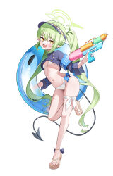1girl absurdres armband bikini black_tail blue_archive blue_armband blue_innertube blue_jacket breasts commentary_request cropped_jacket demon_girl demon_tail fang full_body green_hair green_halo halo highres holding holding_water_gun innertube jacket li_se long_hair long_sleeves looking_at_viewer navel nozomi_(blue_archive) open_mouth pointy_ears sandals simple_background skin_fang small_breasts solo standing standing_on_one_leg swim_ring swimsuit tail thigh_strap toes twintails visor_cap water_gun white_background white_bikini yellow_eyes