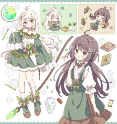 Rule 34 | 2girls, :d, :o, ;q, absurdres, ahoge, bare shoulders, blush, book, borrowed character, brown eyes, brown hair, brown ribbon, chibi, closed eyes, closed mouth, commentary request, commission, dress, globe, green dress, green shoes, green skirt, hair ornament, hand up, highres, holding, holding staff, hourglass, index finger raised, long hair, long sleeves, looking at viewer, multiple girls, neck ribbon, one eye closed, open mouth, original, pencil, ribbon, shirt, shoes, short sleeves, skeb commission, skirt, sleeves past fingers, sleeves past wrists, smile, socks, staff, suspender skirt, suspenders, tongue, tongue out, tsukiyo (skymint), white background, white hair, white shirt, white socks, x hair ornament