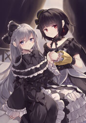 Rule 34 | 2girls, absurdres, black dress, black hair, black ribbon, blunt bangs, commentary request, dress, duel monster, frilled dress, frills, ghost belle &amp; haunted mansion, gothic lolita, grey eyes, grey hair, highres, holding hands, kanzakietc, lolita fashion, long hair, moon of the closed heaven, multiple girls, on bed, outfit connection, ribbon, short hair, sidelocks, sitting, smile, underworld goddess of the closed world, yu-gi-oh!