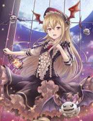 &gt;:d 1girl :d asakurashinji bat_(animal) blonde_hair brown_eyes dress fang flower frilled_dress frills full_moon granblue_fantasy hair_between_eyes head_wings headdress highres holding holding_lantern lantern light_particles long_hair moon open_mouth pantyhose red_flower red_rose rose shingeki_no_bahamut smile standing striped_clothes striped_legwear striped_pantyhose v-shaped_eyebrows vampy very_long_hair window wings