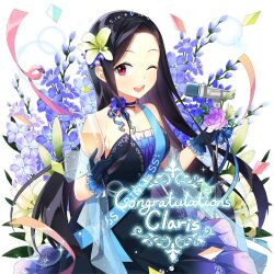 1girl :d ;d album_cover anniversary arm_garter bare_shoulders black_choker black_dress black_gloves black_hair blue_bow blue_choker blue_dress blue_flower blue_gloves blue_ribbon blush bow breasts bug butterfly choker clarice_lapis collarbone copyright_name cover cover_page cowboy_shot criss-cross_halter dated dress elbow_gloves english_text floral_background flower frilled_dress frills gloves hair_flower hair_ornament halterneck happy_birthday head_tilt holding holding_microphone insect jewelry long_hair looking_at_viewer microphone microphone_stand multicolored_hair neck_ribbon non-web_source one_eye_closed open_mouth parted_bangs petals pink_flower pleated_dress purple_flower red_eyes ribbon ribbon_choker rose salt_(salty) skirt sleeveless sleeveless_dress small_breasts smile solo standing teeth uchi_no_hime-sama_ga_ichiban_kawaii very_long_hair white_background white_flower yellow_flower