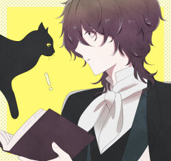 ! 1boy animal black_cat book border brown_hair bungou_stray_dogs cat collared_shirt edgar_allan_poe_(bungou_stray_dogs) grey_eyes highres holding holding_book jacket kkknave0x0 looking_at_animal male_focus medium_hair neckerchief open_book outside_border polka_dot_border profile shirt simple_background solo upper_body vest yellow_background