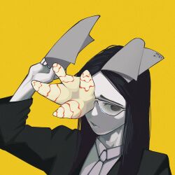 1girl absurdres arm_up black_eyes black_hair black_jacket collared_shirt coral_glasses_(joel_g) ena_(series) glasses grmm highres holding holding_paper jacket long_hair long_sleeves looking_at_viewer necktie paper shirt simple_background solo white_necktie white_shirt yellow_background