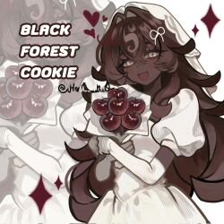 1girl :3 :d black_forest_cookie blush bouquet brown_hair character_name cookie_run cookie_run:_kingdom cross-shaped_pupils dark-skinned_female dark_skin dress elbow_gloves flower gloves half-closed_eyes highres holding holding_bouquet honi_net humanization long_hair open_mouth puffy_short_sleeves puffy_sleeves short_sleeves sidelocks smile solo symbol-shaped_pupils twitter_username upper_body white_dress white_gloves zoom_layer