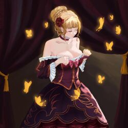1girl bare_shoulders beatrice_(umineko) black_dress breasts bug bun_with_braided_base butterfly cleavage closed_eyes closed_mouth collarbone commentary dress english_commentary eyelashes flower hair_bun hair_flower hair_ornament highres holyalm4 insect large_breasts layered_dress medium_hair red_flower red_rose rose single_hair_bun smile solo standing umineko_no_naku_koro_ni yellow_butterfly