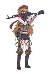 1girl aiming ak-47 ak-47_(girls&#039;_frontline) akm ammunition_pouch assault_rifle beret black_shorts blonde_hair blue_eyes boots bra buckle camouflage commentary commission digital_camouflage english_commentary full_body girls&#039;_frontline gloves green_bra grenade_launcher gun hair_between_eyes hammer_and_sickle hammer_and_sickle_tattoo hat highres holding kalashnikov_rifle karepack knee_boots load_bearing_equipment long_hair navel pouch red_hat red_scarf rifle scarf shorts simple_background snap-fit_buckle solo star_(symbol) tattoo underwear weapon white_background white_gloves