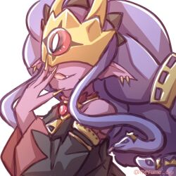 colored_skin crown digimon digimon_(creature) earrings fang jewelry mask medusamon merume_digi open_mouth red_eyes red_skin smile snake snake_hair zipper_pull_tab