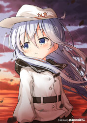 1girl artist_name averting_eyes belt black_belt black_sailor_collar black_skirt blue_eyes blue_hair blue_sky blush cloud commentary cowboy_shot crossed_bangs dress_shirt flat_cap floating_hair gradient_sky hair_between_eyes hammer_and_sickle hat hat_pin hibiki_(kancolle) kantai_collection long_hair long_sidelocks long_sleeves macchiato_(jae-min_cho) ocean orange_sky pout sailor_collar shirt sidelocks skirt sky solo star_pin sunset verniy_(kancolle) water white_hat white_shirt