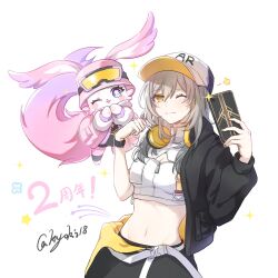 Rule 34 | 1girl, ;d, baseball cap, black jacket, blue eyes, commentary, crop top, grey hair, hat, headphones, headphones around neck, highres, holding, holding phone, honkai: star rail, honkai (series), jacket, kyoki (bakat), long hair, mem (honkai: star rail), midriff, navel, one eye closed, open mouth, phone, pink fur, pink jacket, simple background, smile, star-shaped pupils, star (symbol), stelle (honkai: star rail), symbol-only commentary, symbol-shaped pupils, tail, tongue, tongue out, trailblazer (honkai: star rail), translation request, twitter username, white background, yellow eyes