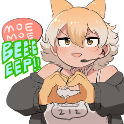 1girl animal_ears blonde_hair camisole coyote_(kemono_friends) extra_ears gloves heart heart_hands highres jacket kemono_friends kemono_friends_v_project looking_at_viewer mcgunngu microphone short_hair simple_background solo upper_body virtual_youtuber wolf_ears wolf_girl yellow_eyes