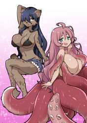 2girls @_@ animal_ears bikini bikini_top_only blue_hair body_fur breasts commentary_request denim denim_shorts dog_ears dog_tail elza_(ishuzoku_reviewers) furry furry_female grabbing_another&#039;s_breast groping hair_between_eyes hair_over_one_eye highres huge_breasts hyena hyena_ears hyena_girl hyena_tail ishuzoku_reviewers long_hair looking_at_viewer monster_girl multiple_girls nude okpa pink_hair sasakuma_kyouta scylla shorts simple_background spotted_fur suction_cups swimsuit tail tentacles wavy_mouth wet