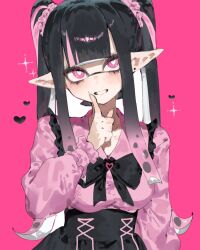 1girl black_bow black_bowtie black_hair black_skirt blunt_bangs bow bowtie breasts bright_pupils commentary_request earrings frilled_sleeves frills gradient_hair grin hair_ornament hair_scrunchie heart heart-shaped_pupils high-waist_skirt highres index_finger_raised inkling inkling_girl inkling_player_character jewelry jirai_kei long_hair long_pointy_ears long_sidelocks long_sleeves looking_at_viewer multicolored_hair nintendo pink_background pink_eyes pink_hair pink_scrunchie pink_shirt pointy_ears puffy_long_sleeves puffy_sleeves scrunchie shirt sidelocks skirt smile solo splatoon_(series) stud_earrings symbol-shaped_pupils tentacle_hair togetoge two_side_up upper_body white_pupils