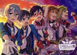 5boys :d :o ahoge akiyama_hayato black_gloves black_hair blue_eyes blue_jacket bow bowtie clenched_hand cloud commentary_request evening fingerless_gloves fuyumi_jun glasses gloves green_eyes green_hair grey_hair hair_between_eyes hand_up high_x_joker_(idolmaster) holding_hands idolmaster idolmaster_side-m iseya_shiki jacket light_blush long_sleeves male_focus multiple_boys necktie open_mouth orange_hair outdoors outstretched_arm purple_eyes red-framed_eyewear sakaki_natsuki shirt short_hair short_sleeves shuu_(syuuuuuuuuuu) smile upper_body wakazato_haruna white_bow white_bowtie white_gloves white_necktie white_shirt yellow_eyes