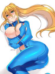 Rule 34 | 1girl, arms under breasts, ass, blonde hair, blue bodysuit, blush, bodysuit, breasts, closed mouth, commentary, commentary request, english commentary, feet out of frame, grabbing own breast, green eyes, hair between eyes, high ponytail, highres, large breasts, long bangs, long hair, looking at viewer, lying, metroid, mole, mole under mouth, mr-poritan, navel, nintendo, nipples, no bra, on side, open bodysuit, open clothes, ponytail, samus aran, sidelocks, simple background, smile, solo, translation request, variant set, white background, zero suit