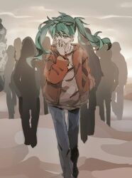 Rule 34 | 1girl, 6+others, aqua eyes, aqua hair, blue pants, bolimanyu z, commentary request, covering own mouth, earrings, eyewear on head, glasses, hatsune miku, highres, hoop earrings, jacket, jewelry, multiple others, open clothes, open jacket, pants, red jacket, shirt, silhouette, suna no wakusei (vocaloid), twintails, vocaloid, white shirt