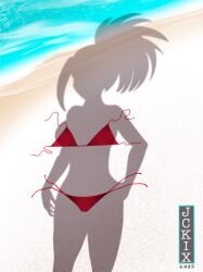 1girl 2025 artist_name beach bikini black_hair boku_no_hero_academia breasts commentary dated day dressed_shadow_(meme) female_pov hair_pulled_back highres implied_nudity jckix large_breasts long_hair meme ocean ponytail pov red_bikini sand shadow silhouette simple_background solo standing swimsuit unworn_bikini unworn_bikini_bottom unworn_bikini_top unworn_clothes water wide_ponytail yaoyorozu_momo