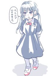 1girl alternate_costume amemiya_darumi bandaged_arm bandages bandaid bandaid_on_face black_dress blue_eyes bow child dress mei_guchuan open_mouth red_bow socks solo speech_bubble the_hundred_line_-last_defense_academy- twintails white_background white_socks