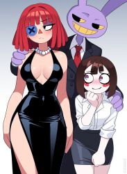 1boy 2girls absurdres animal_ears black_dress blue_eyes blush breasts brown_hair button_eyes buttons closed_mouth colored_sclera colored_skin colored_teeth dress formal_clothes highres jax_(the_amazing_digital_circus) jewelry multicolored_eyes multiple_girls necklace nico-neko pearl_necklace pomni_(the_amazing_digital_circus) rabbit_boy rabbit_ears ragatha_(the_amazing_digital_circus) red_eyes red_hair shirt short_hair skirt smile suit teeth the_amazing_digital_circus white_shirt yellow_sclera yellow_teeth