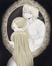 2girls blonde_hair character_request closed_eyes dungeon_meshi elf falin_touden falin_touden_(tallman) frs2 highres long_hair long_sleeves mirror multiple_girls parted_bangs pointy_ears shirt short_hair silver_hair simple_background white_background white_shirt