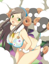 1girl animal animal_costume ass bell bikini bikini_pull blue_bikini blue_hairband blush breasts brown_hair butt_crack cleavage clothes_pull collarbone fake_horns floral_print green_eyes hairband highres horned_headwear horns josui_(senran_kagura) large_breasts long_hair neck_bell official_art open_mouth senran_kagura senran_kagura_new_wave sheep sheep_costume sheep_girl shiny_skin solo swept_bangs swimsuit tile_floor tiles wool yaegashi_nan