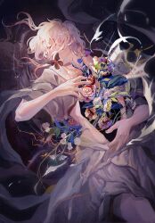 1boy absurdres afloat covered_mouth diyi_wanjia flower hair_between_eyes hair_spread_out hand_on_own_stomach highres holding lin_guang long_hair long_sleeves lying lying_on_water male_focus partially_submerged profile red_flower red_rose reflection reflective_water ripples rose sanxiayuzhong shallow_water skirt solo very_long_hair water wavy_hair wet wet_hair white_flower white_hair white_skirt