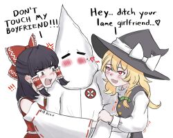 ! !! 1boy 2girls =_= anger_vein angry black_hair black_hat black_vest blonde_hair blunt_bangs blush bow brown_eyes closed_eyes collared_shirt commentary detached_sleeves embarrassed english_text frilled_bow frilled_hair_tubes frills green_bow hair_between_eyes hair_bow hair_ribbon hair_tubes hakurei_reimu hashtag-only_commentary hat hat_bow heart heart-shaped_pupils highres kill_kizu kirisame_marisa ku_klux_klan long_hair long_sleeves multiple_girls nontraditional_miko parted_bangs red_bow red_shirt ribbon ribbon-trimmed_sleeves ribbon_trim robe shirt simple_background sleeveless sleeveless_shirt symbol-shaped_pupils touhou turtleneck upper_body vest white_background white_bow white_robe white_shirt white_sleeves wide_sleeves witch_hat
