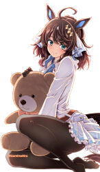 Rule 34 | 1girl, ahoge, animal ears, barefoot, belt, black hair, blue eyes, blush, breasts, commentary request, daring tact (umamusume), gloves, hair between eyes, hair ornament, highres, izumi mahiru, looking at viewer, necktie, pantyhose, smile, solo, star (symbol), star hair ornament, stuffed animal, stuffed toy, teddy bear, twitter username, umamusume, white background