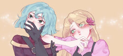 2girls blonde_hair blue_hair blush brown_shirt cassandra_(tangled) covering_own_mouth dress gloves green_eyes hair_between_eyes hand_on_own_face haru_(shikaji) long_hair looking_afar looking_at_another multiple_girls off-shoulder_shirt off_shoulder pink_dress rapunzel_(disney) red_shirt shirt shirt_under_shirt short_hair shoulder_belt tangled rapunzel&#039;s_tangled_adventure turtleneck upper_body