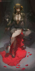 Rule 34 | 1girl, black dress, black hair, blood, blood on ground, breasts, center opening, cleavage, collarbone, couch, cutesexyrobutts, dagger, dark background, dress, duplicate, flower, gold hairband, hairband, high heels, highres, holding, holding weapon, knife, large breasts, long dress, long hair, long sleeves, looking at viewer, pale skin, petals, red dress, red eyes, sidelocks, sitting, solo, spy x family, thighs, two-tone dress, weapon, yor briar