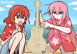 Rule 34 | 2girls, beach, blue eyes, bocchi the rock!, clear sky, crab, cube hair ornament, electric guitar, floral print shirt, frown, gotoh hitori, guitar, hair ornament, highres, instrument, kita ikuyo, long hair, multiple girls, nattydodo 002, ocean, open clothes, open mouth, open shirt, pink hair, pink shirt, red hair, red shirt, sand, sand sculpture, sculpting, shirt, side ahoge, side ponytail, signature, sky, smile, summer, summer uniform, sweat, twitter username, yellow eyes