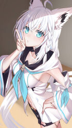 1girl absurdres ahoge animal_ear_fluff animal_ears black_shorts blue_eyes blue_neckerchief blue_ribbon braid breasts commentary_request detached_sleeves earrings fox_ears fox_girl fox_tail hair_between_eyes hand_on_own_cheek hand_on_own_face hand_on_own_hip highres hololive hood hoodie indoors jewelry key long_hair long_sleeves looking_at_viewer medium_breasts midriff navel neckerchief o3o ribbon shirakami_fubuki shirakami_fubuki_(1st_costume) short_shorts shorts side_braid sidelocks single_earring solo ta_shiuji30 tail v virtual_youtuber white_hair white_hoodie white_sleeves wide_sleeves