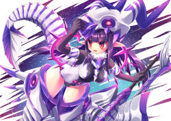 1girl black_bodysuit bodysuit breasts emil_chronicle_online fins fish_tail helm helmet highres holding holding_sword holding_weapon large_breasts leviathan_(eco) long_hair monster_girl pointy_ears purple_hair red_eyes sword tail thighs weapon yupi828