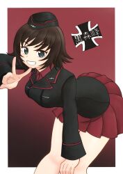 Rule 34 | 1girl, amanone yun, black jacket, blue eyes, border, brown hair, commentary, emblem, garrison cap, girls und panzer, hand on own knee, hat, hida ema, highres, jacket, kuromorimine (emblem), kuromorimine military uniform, leaning forward, red background, red shirt, red skirt, shirt, short hair, simple background, skirt, smile, solo, v, white border