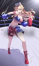 1girl artist_request blonde_hair blue_eyes boxing_gloves boxing_ring iowa_(kancolle) kantai_collection shorts smile source_request