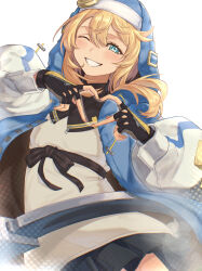1boy absurdres black_gloves blonde_hair blue_eyes blush bridget_(guilty_gear) commentary dated_commentary eyelashes fingerless_gloves gloves guilty_gear guilty_gear_strive hair_between_eyes heart heart_hands highres long_hair male_focus one_eye_closed smile solo tororo_kafka trap white_background