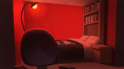 a_date_with_death bedroom blanket book bookshelf chair clock drop_shadow ghost_print highres indoors nightstand no_humans non-web_source office_chair official_art scenery shelf swivel_chair table variant_set wooden_floor