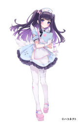 1girl apron bandaged_leg bandages black_bow black_hair blue_dress blush bow clipboard closed_mouth commentary_request cross cross_hair_ornament dress full_body haconect hair_ornament hat heart highres hugging_object kanami_yuyu latin_cross long_hair looking_at_viewer multicolored_hair nurse nurse_cap official_art pantyhose pink_shoes platform_shoes puffy_short_sleeves puffy_sleeves purple_eyes purple_hair shoes short_sleeves simple_background smile solo standing suzumori_uina two-tone_hair very_long_hair virtual_youtuber walking white_apron white_background white_hat white_pantyhose