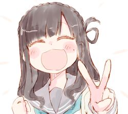 Rule 34 | 1girl, black hair, close-up, closed eyes, love live!, love live! sunshine!!, medium hair, nekokun, open mouth, school uniform, standing, suzuki aina (voice actor), v, voice actor, white background