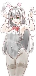 1girl animal_ears black_hair black_leotard blush bow bowtie breasts degtyaryov2952 detached_collar emma_white fake_animal_ears green_eyes highres leotard long_hair looking_at_viewer naraku naraku_2 pantyhose playboy_bunny rabbit_ears solo strapless strapless_leotard wrist_cuffs