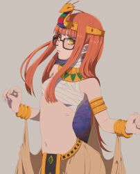 1girl absurdres ahoge ancient_egyptian_clothes bandages bandeau black-framed_eyewear bracelet breasts clenched_hand glasses gold_bracelet grey_background highres jewelry looking_at_viewer midriff navel neck_ring orange_hair persona persona_5 sakura_futaba shadow_futaba simple_background skirt small_breasts solo stomach tiara umenituru upper_body yellow_eyes