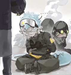 ... 1boy 3others arknights arms_behind_back bandaid bandaid_on_face bandaid_on_nose bara black_pants black_shirt black_shoes blue_hair chameleon_boy chameleon_tail chinese_commentary clenched_teeth commentary_request ethan_(arknights) gas_mask goggles goggles_on_head goggles_on_headwear highres looking_at_another male_focus mask multiple_others on_floor pants pointy_ears shirt shoes sitting smoke spoken_ellipsis sweat tail teeth watermark weibo_watermark wraith_(arknights) yi_tan_a_mi_ba