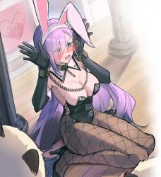 1girl absurdres ange_(demonsroots) animal_ear_hairband animal_ears black_gloves black_leotard black_shoes blue_eyes blush breasts chain chinese_commentary cleavage collar commentary_request cuffs demons_roots detached_collar elbow_gloves fake_animal_ears fishnet_pantyhose fishnets gloves hairband handcuffs high_heels highres hongcai_rainbow kneeling large_breasts leotard long_hair looking_at_viewer pantyhose pillar purple_hair rabbit_pose shoes strapless strapless_leotard