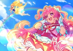 Rule 34 | 2girls, absurdres, angel wings, apron, black vest, blonde hair, blue sky, boots, bow, bowtie, braid, brooch, bubble skirt, cat, center frills, choker, closed eyes, cloud, collared vest, cone hair bun, cowboy shot, cure honey, cure precious, day, delicious party precure, dot nose, double bun, dress, earrings, eyelashes, feather-trimmed sleeves, floating clothes, floating hair, flower, flying, food-themed clothes, food-themed hair ornament, footwear bow, fork, frilled arm warmers, frilled hairband, frilled skirt, frilled vest, frills, full body, gloves, gold earrings, hair between eyes, hair bow, hair bun, hair flower, hair ornament, hairband, happinesscharge precure!, happy, heart, heart brooch, heart wand, high heel boots, high heels, highres, holding, holding wand, in-franchise crossover, jewelry, knee boots, kome-kome, lace, lace-trimmed apron, lace-trimmed dress, lace-trimmed gloves, lace trim, lapels, lens flare, light blush, light particles, light rays, long hair, looking at another, low wings, magical girl, miniskirt, multiple girls, nagomi yui, notched lapels, oomori yuuko, open mouth, orange bow, orange bowtie, outdoors, outline, pink bag, pink eyes, pink hair, pink shirt, pleated skirt, ponytail, precure, puffy short sleeves, puffy sleeves, rainbow, red bow, red brooch, red choker, red ribbon, red skirt, ribbon, shipu (gassyumaron), shirt, short sleeves, signature, single braid, skirt, sky, smile, sunlight, tareme, teeth, two-tone skirt, two side up, undersized animal, upper teeth only, very long hair, vest, waist apron, waist bag, wallet, wand, watch, wavy hair, white apron, white boots, white flower, white gloves, white sleeves, wind, wings, wristwatch, yellow arm warmers, yellow bow, yellow outline, yellow skirt, yellow sleeves, yellow wings