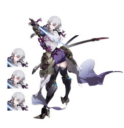1girl armor ass full_body gebijiade_89 grey_hair highres holding holding_sword holding_weapon japanese_clothes multiple_expressions original purple_skirt red_eyes short_hair simple_background skirt solo sword thick_thighs thighs weapon white_background