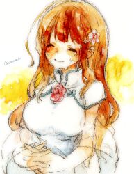 Rule 34 | 1girl, akanegasaki sora, brown hair, china dress, chinese clothes, closed eyes, dress, ever 17, flower, hazime, long hair, rose, shawl, smile, solo, tears