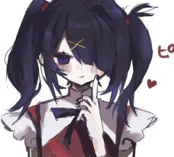 Rule 34 | 1girl, 4 (nn 1 zo), ame-chan (needy girl overdose), black hair, black nails, diagonal bangs, hair ornament, hair over one eye, hand on own face, heart, highres, index finger raised, neck ribbon, needy girl overdose, pout, ribbon, short twintails, solo, twintails, upper body, white background, winged sleeves, x hair ornament